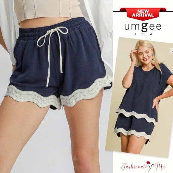 Umgee Color Block Scallop Hem Pockets Elastic Waist Drawstring ShortsNavy